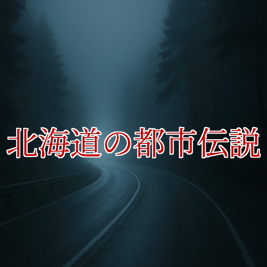 北海道の都市伝説の血文字タイトルが入った霧の山道の画像